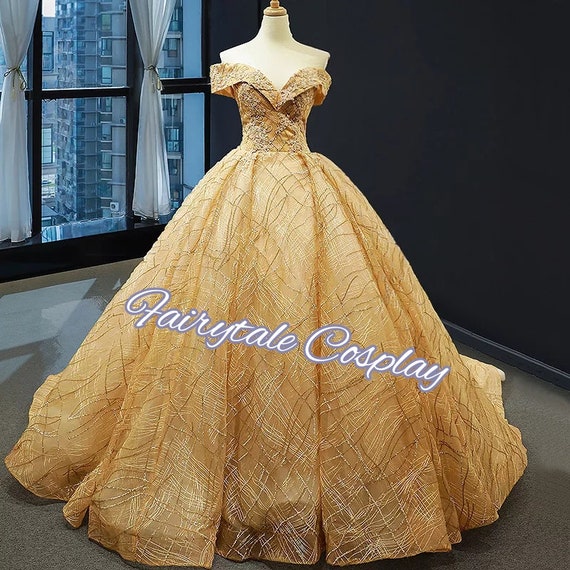 Gorgeous Lace Applique Gold Velvet Long Train Prom Gown - VQ