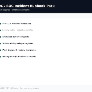 May include: A white document with the title "NOC / SOC Incident Runbook Pack" and a teal vertical bar on the left. The document lists checklists and templates for incident response, including a "First 15 minutes checklist" and "Shift handover template."