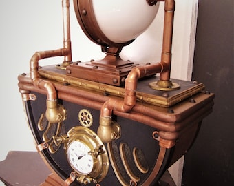 Steampunk Nautilus Table Lamp/Clock Created from Recycled Parts