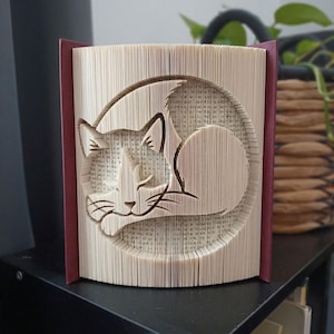 Peut inclure: Une sculpture en livre plié représentant un chat enroulé en forme de cercle. Les pages sont pliées avec précision pour créer la silhouette d'un chat endormi avec des oreilles, des moustaches et une queue visibles. Le livre a des couvertures rouge foncé.