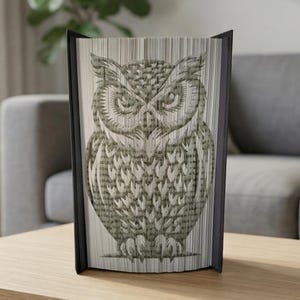 Könnte beinhalten: Dekorative Buchskulptur mit einem detaillierten Eulen-Design. Die Eule ist aus den Seiten eines Buches geschnitzt, mit einem schwarzen Rahmen. Die Skulptur ist grau und weiß und steht auf einer Holzoberfläche.