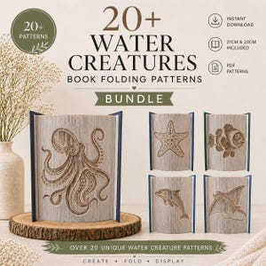 Può includere: Un pacchetto digitale di oltre 20 modelli di piegatura di libri di creature acquatiche con polpo, stella marina, pesce pagliaccio, delfino e razza. Il testo recita 20+ WATER CREATURES BOOK FOLDING PATTERNS BUNDLE, 21cm & 23cm e PDF patterns.