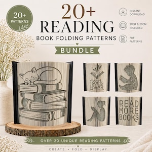 以下が含まれることがあります： 「20+ READING BOOK FOLDING PATTERNS BUNDLE」のテキストが入った、本の折り方パターンのバンドル。画像には、本の上に寝ている猫や「Book Lover」、「Read More Books」の文字など、さまざまなデザインの折り畳まれた本が写っています。