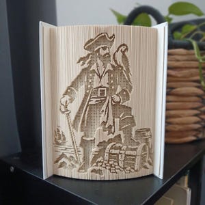 Peut inclure: Une sculpture en livre plié représentant la silhouette détaillée d'un pirate portant un tricorne, debout avec un perroquet sur l'épaule et une épée à la main, près d'un coffre au trésor sur un rivage rocheux avec un navire au loin.