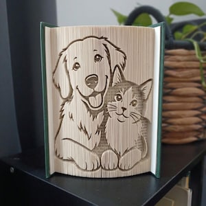 Può includere: Una scultura in libro piegato che presenta una silhouette dettagliata di un cane e un gatto fianco a fianco. Le pagine sono piegate con precisione per creare l'immagine dei due animali, con le copertine verde scuro visibili sui lati.