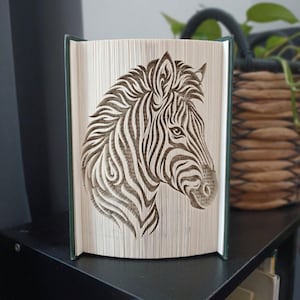 May include: A book sculpture featuring a folded page art design of a zebra head in profile. The pages are precisely creased and folded to create the detailed striped pattern and facial features of the animal, set within a dark green hardback cover.
