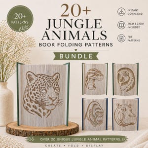 Op de afbeelding: Een digitaal pakket van 20+ jungle dieren boekvouwpatronen met de tekst 20+ JUNGLE ANIMALS BOOK FOLDING PATTERNS BUNDLE. De afbeelding toont een gevouwen boek met een luipaard, slang, papegaai, gorilla en nijlpaard ontwerp.