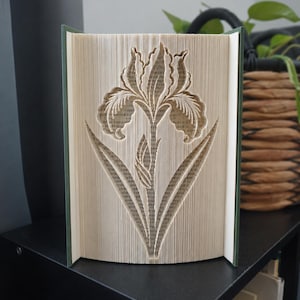May include: A book sculpture featuring a folded page art design of an iris flower. The pages are precisely creased to form the silhouette of the bloom and its leaves, with the dark green book covers visible on the left and right sides of the structure.