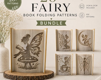 May include: A bundle of over 20 fairy book folding patterns. The image shows several examples of folded books with fairy designs, including a fairy reading on a mushroom, a fairy on a crescent moon, and a fairy with butterfly wings. The text says "20+ Fairy Book Folding Patterns Bundle."