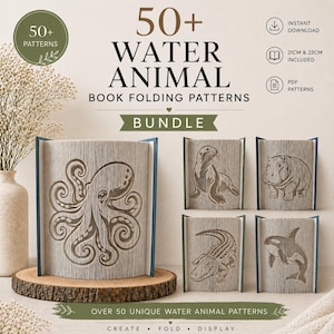 May include: A digital graphic displaying a bundle of 50+ water animal book folding patterns. The image features five books folded into shapes of an octopus, seal, hippo, alligator, and orca. Text includes 50+ WATER ANIMAL BOOK FOLDING PATTERNS.