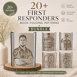 May include: A digital bundle of 20+ first responders book folding patterns featuring designs of a paramedic, a fire truck, a saluting officer, a heart rhythm, and a police badge. Includes 21cm and 23cm PDF patterns for instant download.