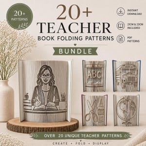 Könnte beinhalten: Ein digitales Set mit über 20 Buchfaltmustern zum Thema Lehrer, darunter ein Lehrer, ein Schulbus, ein Globus, eine Schere, Kleber und ABC-Buchstaben. Der Text umfasst 20+ TEACHER BOOK FOLDING PATTERNS BUNDLE, 21CM & 23CM INCLUDED und PDF PATTERNS.