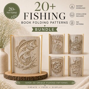 May include: A collection of book folding patterns with fishing themes. The image shows several examples of folded books with carved designs of fish, fishermen, and related imagery. The text reads "20+ FISHING BOOK FOLDING PATTERNS BUNDLE."