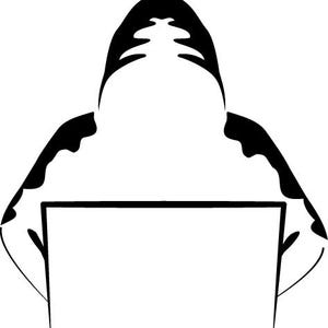 Peut inclure: Illustration graphique en noir et blanc d'une personne portant un sweat &agrave; capuche, capuche relev&eacute;e. La personne est positionn&eacute;e devant un ordinateur portable, l'&eacute;cran face &agrave; l'avant. L'image a un design minimaliste.