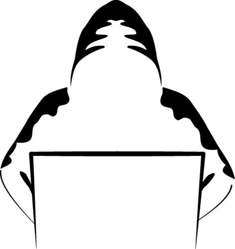 Peut inclure: Illustration graphique en noir et blanc d'une personne portant un sweat &agrave; capuche, capuche relev&eacute;e. La personne est positionn&eacute;e devant un ordinateur portable, l'&eacute;cran face &agrave; l'avant. L'image a un design minimaliste.