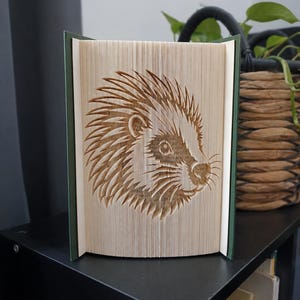 May include: A folded book art sculpture featuring a detailed hedgehog portrait created by precisely folding the individual pages of a hardback book. The beige paper edges form the spiky silhouette and facial features of the hedgehog.
