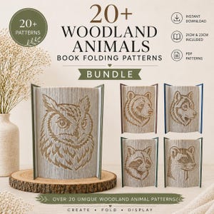 May include: A digital bundle of 20+ woodland animal book folding patterns featuring an owl, bear, wolf, raccoon, and ferret. The text reads 20+ WOODLAND ANIMALS BOOK FOLDING PATTERNS BUNDLE, INSTANT DOWNLOAD, 21CM & 23CM INCLUDED, and PDF PATTERNS.