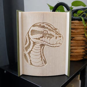 May include: A book sculpture featuring a folded page art design of a snake head in profile. The pages are precisely creased to create the three-dimensional image of the reptile, with the book covers visible in a muted olive green color on the sides.