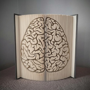 May include: A book with pages carved to reveal a brain shape. The brain design is centered within the open book, showcasing the intricate details of the brain's surface. The book has a gray cover and is set against a neutral background.