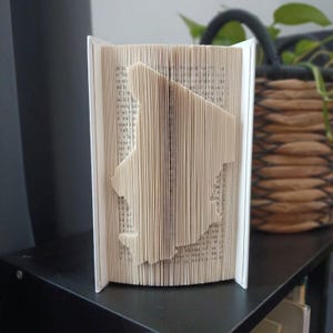 Peut inclure: Une sculpture de livre avec des pages pliées pour former la silhouette distincte du pays du Tchad. Les bords du papier crème sont précisément pliés pour créer la forme de la carte, se tenant debout avec une couverture blanche visible.