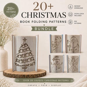 Può includere: Un pacchetto digitale di oltre 20 modelli di piegatura di libri natalizi con disegni di un albero di Natale, un bastoncino di zucchero, Babbo Natale, un pupazzo di neve e un angelo. I modelli sono disponibili in PDF da 21cm e 23cm.
