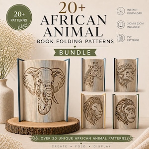 Pode incluir: Uma coleção de padrões de dobragem de livros com animais africanos. A imagem mostra livros dobrados com desenhos detalhados de um elefante, girafa, búfalo, leão e macaco. O texto indica que estão incluídos mais de 20 padrões, com tamanhos de 21 cm e 23 cm.