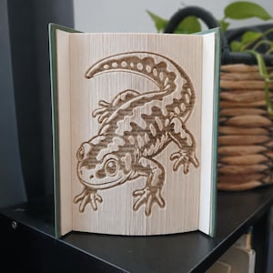 May include: A book sculpture featuring a folded page design that creates a three-dimensional image of a gecko. The pages are cream-coloured with dark text, and the book has a dark green cover visible on the sides, standing upright on a surface.