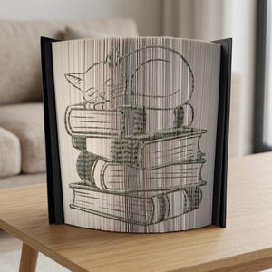 May include: A unique book art piece featuring a sleeping cat atop a stack of books. The artwork is created by folding the pages of a book, with a black frame. The cat and books are depicted in a detailed, line-art style.