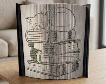 May include: A unique book art piece featuring a sleeping cat atop a stack of books. The artwork is created by folding the pages of a book, with a black frame. The cat and books are depicted in a detailed, line-art style.