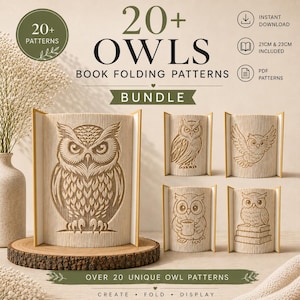 May include: A collection of book folding patterns featuring owls. The image shows several examples of folded books with intricate owl designs, along with text that reads "20+ Owls Book Folding Patterns Bundle". The designs include various owl poses and styles.