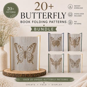 Peut inclure: Un ensemble de patrons de pliage de livres sur le thème des papillons. L'image présente plusieurs livres pliés avec des motifs de papillons, ainsi que le texte "20+ Butterfly Book Folding Patterns Bundle". Les patrons sont téléchargeables instantanément, en tailles 21cm et 23cm.