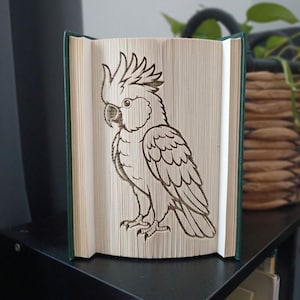 Puede incluir: Una escultura de libro plegado que presenta la silueta detallada de una cacatúa con una cresta prominente. Las páginas están dobladas con precisión para formar el contorno del ave, sobre una cubierta dura verde oscuro que enmarca los bordes blancos.