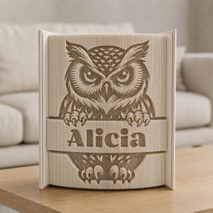 Könnte beinhalten: Beige, lasergeschnittene Holz-Eulen-Skulptur mit dem eingravierten Namen "Alicia" unterhalb der Eule. Die Eule ist aufwendig detailliert, mit einem strengen Ausdruck. Die Skulptur wird auf einem Holztisch ausgestellt.