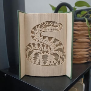 May include: A book art sculpture featuring a folded page design that creates a detailed, three-dimensional image of a coiled snake. The pages are precisely manipulated to form the snake's scales and head, with the dark text on the paper edges.