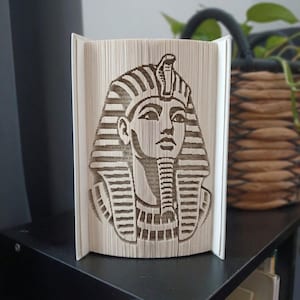 Op de afbeelding: Een boeksculptuur met gevouwen paginakunst van een Egyptische farao. De pagina's zijn nauwkeurig gevouwen om het gedetailleerde silhouet van een hoofd met een traditionele nemes-hoofdtooi te vormen, wat een driedimensionaal portreteffect creëert.