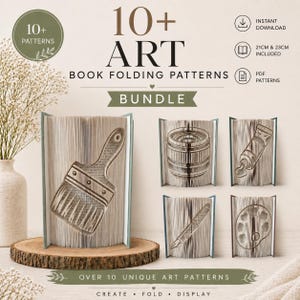 May include: A digital bundle of 10+ art book folding patterns featuring designs of a paintbrush, camera lens, paint tube, fountain pen, and palette. The text reads 10+ ART BOOK FOLDING PATTERNS BUNDLE, 21CM & 23CM INCLUDED, and PDF PATTERNS.