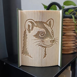 May include: A book sculpture featuring a folded page art design of a ferret head. The pages are precisely creased to create the detailed facial features, ears, and whiskers of the animal. The book has a dark green cover visible on the sides.