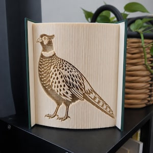 May include: A folded book art sculpture featuring a detailed silhouette of a pheasant bird. The pages are precisely creased to form the image of the bird in profile, with dark green covers visible on the left and right sides of the open book.