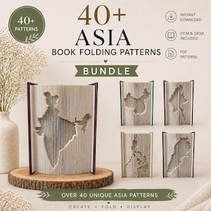 Könnte beinhalten: Ein digitales Paket mit über 40 Buchfaltmustern zu Asien mit Karten asiatischer Länder. Der Text lautet 40+ ASIA BOOK FOLDING PATTERNS BUNDLE, INSTANT DOWNLOAD, 21CM & 23CM INCLUDED, PDF PATTERNS und OVER 40 UNIQUE ASIA PATTERNS CREATE FOLD DISPLAY.