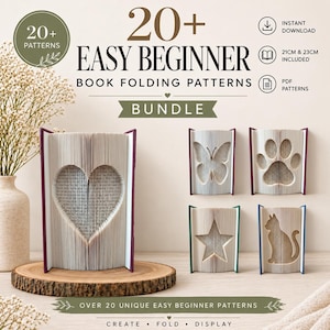Puede incluir: Un paquete digital de más de 20 patrones de plegado de libros para principiantes con diseños de corazón, mariposa, huella, estrella y gato. El texto incluye 20+ EASY BEGINNER BOOK FOLDING PATTERNS BUNDLE, 21CM & 23CM INCLUDED y PDF PATTERNS.