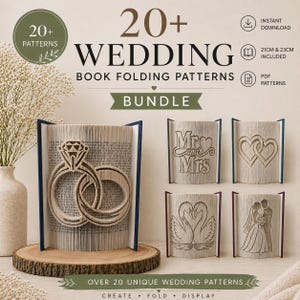 May include: A digital bundle of 20+ wedding book folding patterns featuring text and images of rings, Mr and Mrs, hearts, swans, and a couple. The patterns are for 21cm and 23cm books and include instant download PDF files for folding and display.