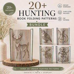 Op de afbeelding: Een digitaal pakket met meer dan 20 boekvouwpatronen met jachtthema, waaronder een hert, kwartel, konijn, eland en een hond. De tekst bevat 20+ HUNTING BOOK FOLDING PATTERNS BUNDLE, 21CM & 23CM INCLUDED en PDF PATTERNS.