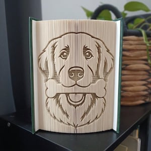 Könnte beinhalten: Eine Buchskulptur mit einem Faltkunst-Design, das ein Hundegesicht mit einem Knochen im Maul zeigt. Das Buch hat dunkelgrüne Einbände und die Seiten sind kunstvoll gefaltet, um das detaillierte Bild des Hundeporträts in Beige zu erzeugen.