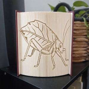 May include: A folded book art sculpture featuring a detailed insect design created by precisely folding the pages of a hardcover book. The cream-colored paper edges form the silhouette of a beetle-like creature with long antennae and legs.