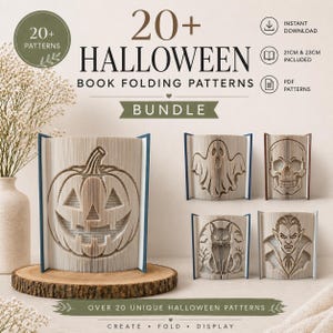 Può includere: Un pacchetto digitale di oltre 20 modelli di piegatura di libri per Halloween con disegni di zucca, fantasma, teschio, gatto e vampiro. Il testo include 20+ HALLOWEEN BOOK FOLDING PATTERNS BUNDLE, 21CM & 23CM INCLUDED e PDF PATTERNS.