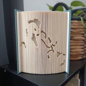 Könnte beinhalten: Ein Buch mit gefalteten Seiten, die ein ausgeschnittenes Pferdemotiv im Profil bilden. Das Buch hat einen blaugrünen Einband und cremefarbene Seiten. Die Falttechnik erzeugt eine dreidimensionale Silhouette des Tieres.