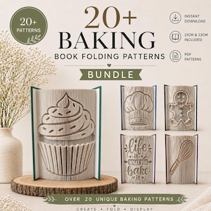 Könnte beinhalten: Ein digitales Paket mit über 20 Buchfaltmustern zum Thema Backen, darunter ein Cupcake, eine Kochmütze, ein Lebkuchenmann, ein Schneebesen und der Text 'life is what you bake it'. Enthält PDF-Vorlagen in den Größen 21cm und 23cm.