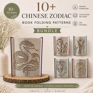 Puede incluir: Un paquete digital de más de 10 patrones de plegado de libros del zodiaco chino, que incluye archivos PDF para libros de 21 cm y 23 cm. La imagen muestra cinco ejemplos de libros plegados con una serpiente, mono, buey, tigre y dragón, con etiquetas de texto.