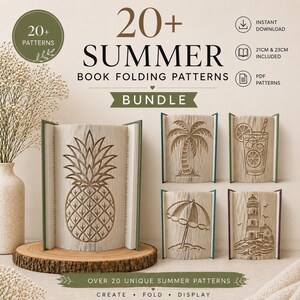 May include: A digital bundle of 20+ summer book folding patterns featuring designs of a pineapple, palm tree, drink, umbrella, and lighthouse. The text reads 20+ SUMMER BOOK FOLDING PATTERNS BUNDLE, INSTANT DOWNLOAD, 21CM & 23CM INCLUDED, PDF PATTERNS.