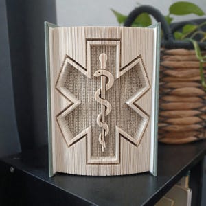 Op de afbeelding: Een gevouwen boekkunstsculptuur met het symbool van de Ster van het Leven met een centrale staf en slang. De pagina's zijn nauwkeurig gevouwen om de zespuntige stervorm te vormen, waardoor een driedimensionaal medisch embleem ontstaat.